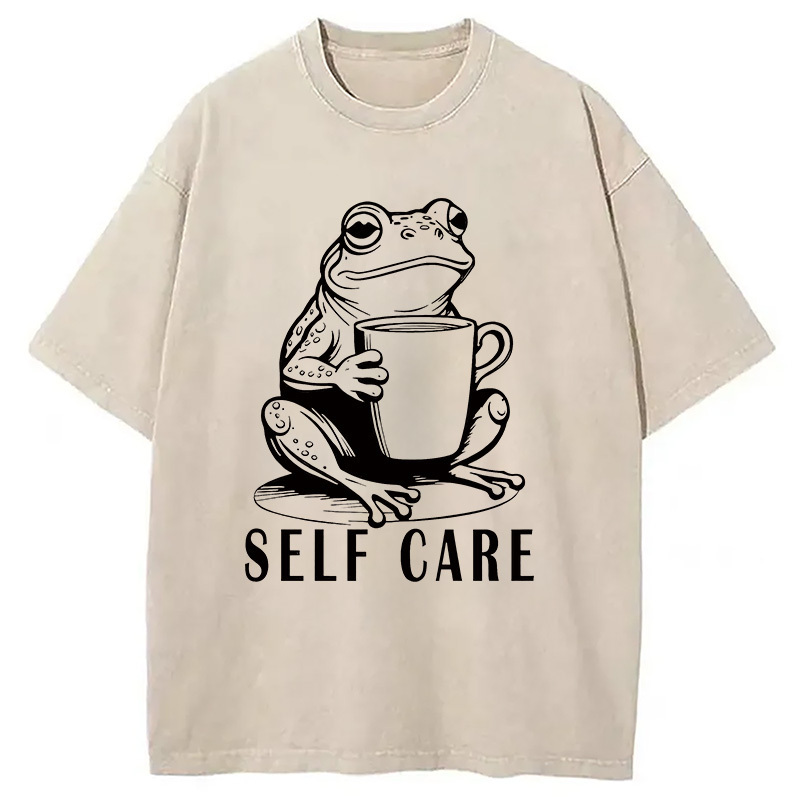 Self Care Frog Washed T-Shirt Everyday Comfort Graphic Shirt Gifts For Best Friend