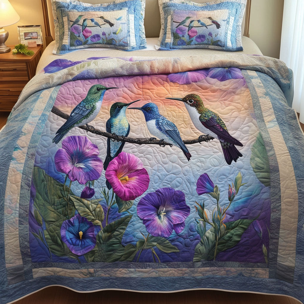 Serenade in Petals Quilted Bedding Set Bed Room Decoration Hummingbird Themed Gift Items