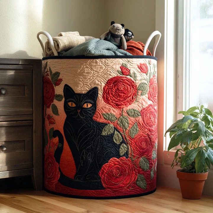 Serenade In Shadows Cat Quilted Laundry Basket Mystical Boho Cat Home Storage Gift For Cat Lovers