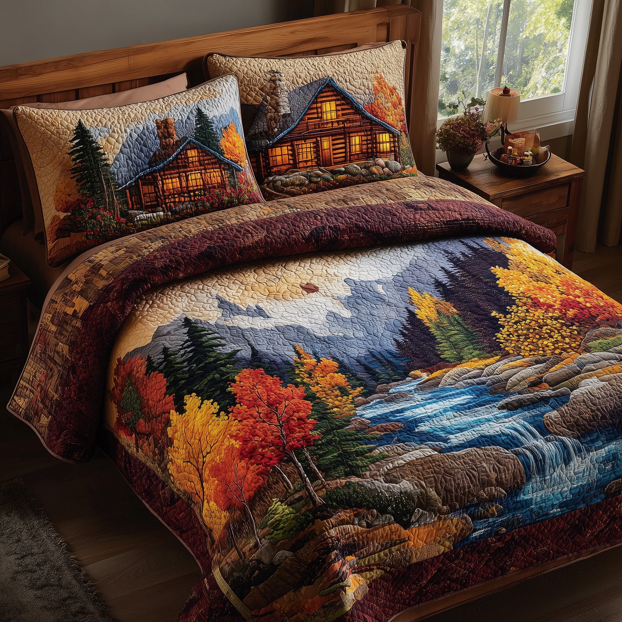 Serene Autumn Bliss Quilted Bedding Set For Family