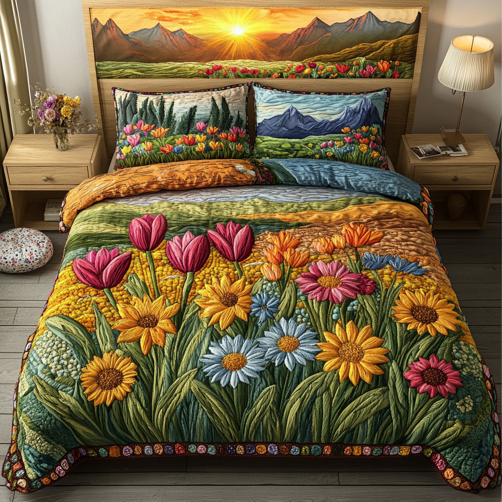 Serene Blooms Quilted Bedding Set Elegant Bedding Set Gift for Newlyweds