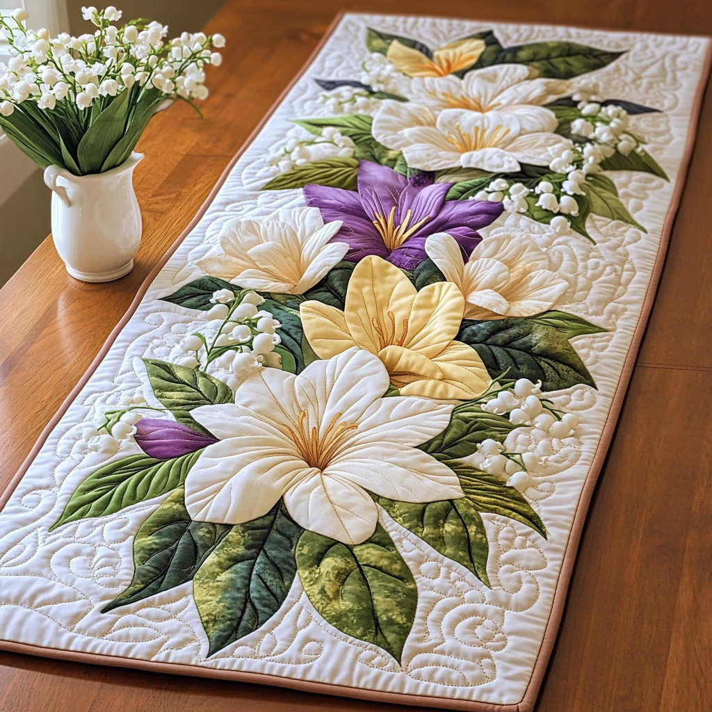 Serene Blooms Quilted Table Runner Spring Flower Table Runner Dining Table Decor Ideas