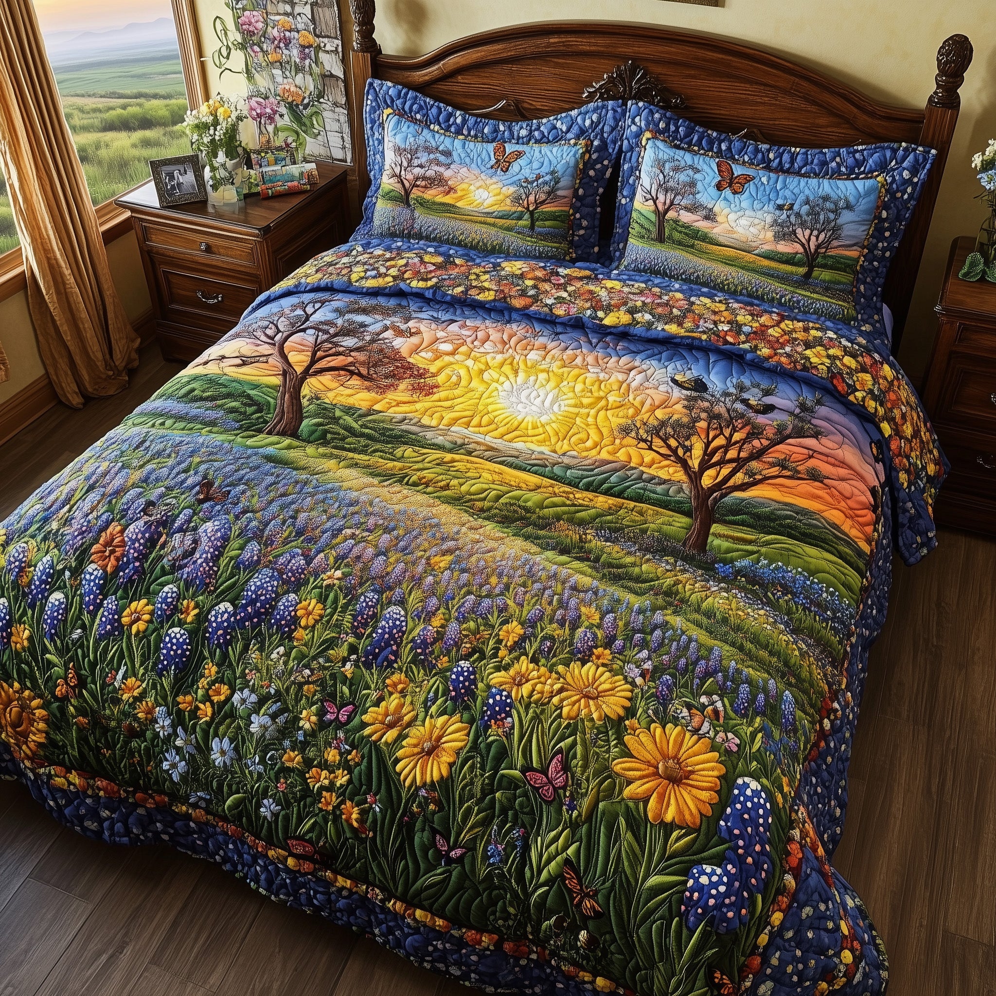 Serene Bluebonnet Quilted Bedding Set Duvet Cover Bedspread Best Gifts From Texas