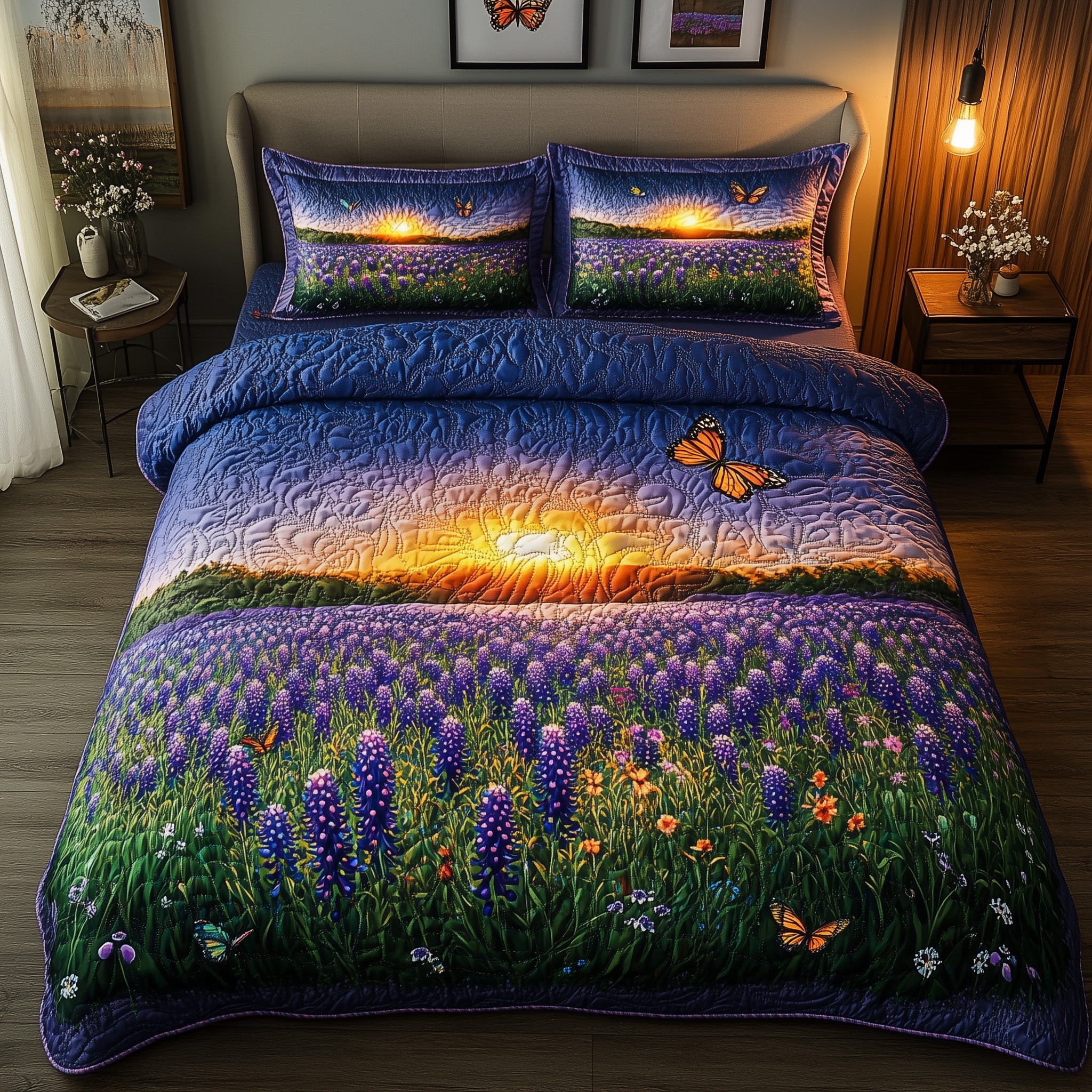 Serene Bluebonnet Quilted Bedding Set Duvet Cover Bedspread Gift Delivery Texas