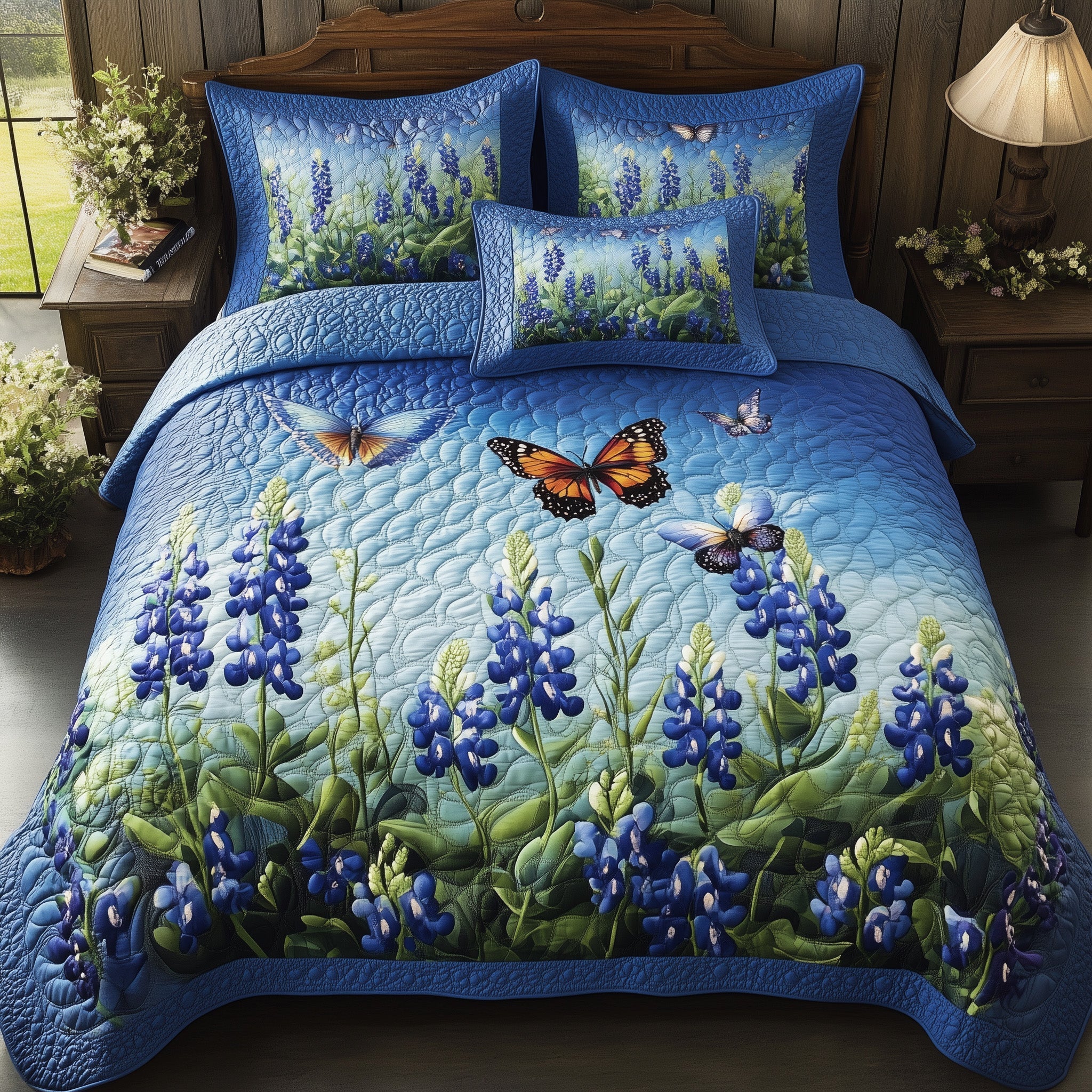 Serene Bluebonnet Quilted Bedding Set Duvet Cover Bedspread Texas Christmas Gifts