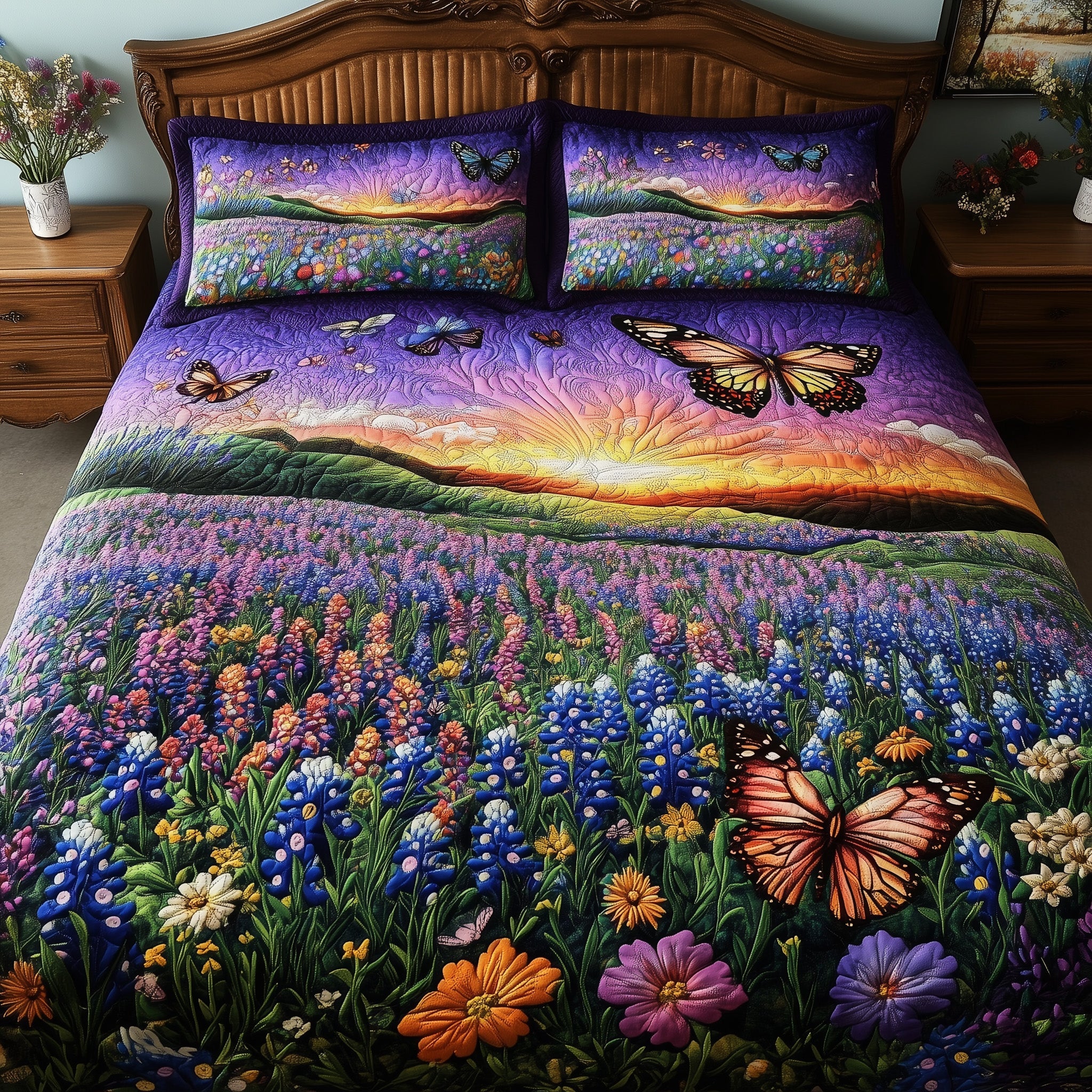 Serene Bluebonnet Quilted Bedding Set Duvet Cover Bedspread Texas Gifts For Her