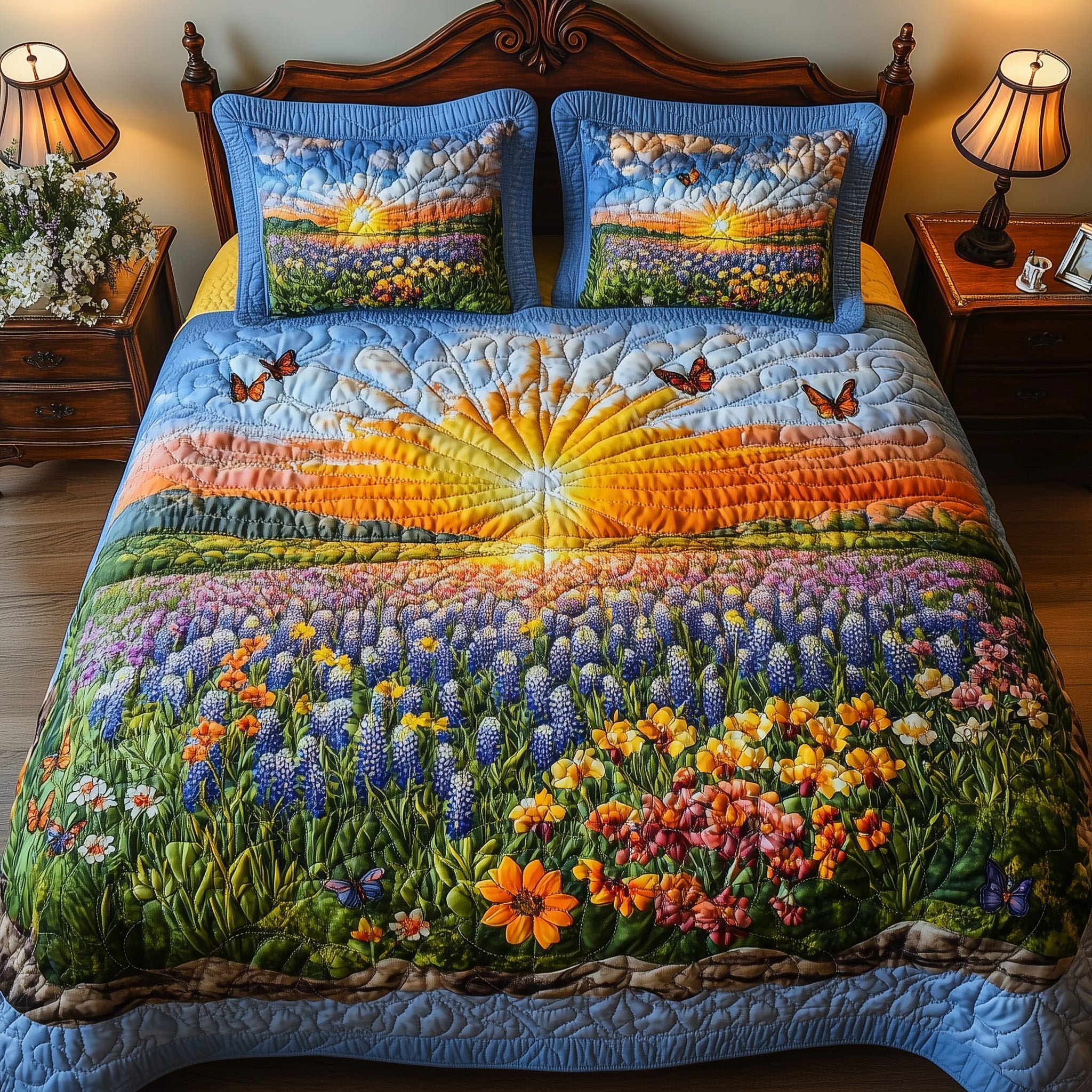 Serene Bluebonnet Quilted Bedding Set Duvet Cover Bedspread Texas Gifts For Him