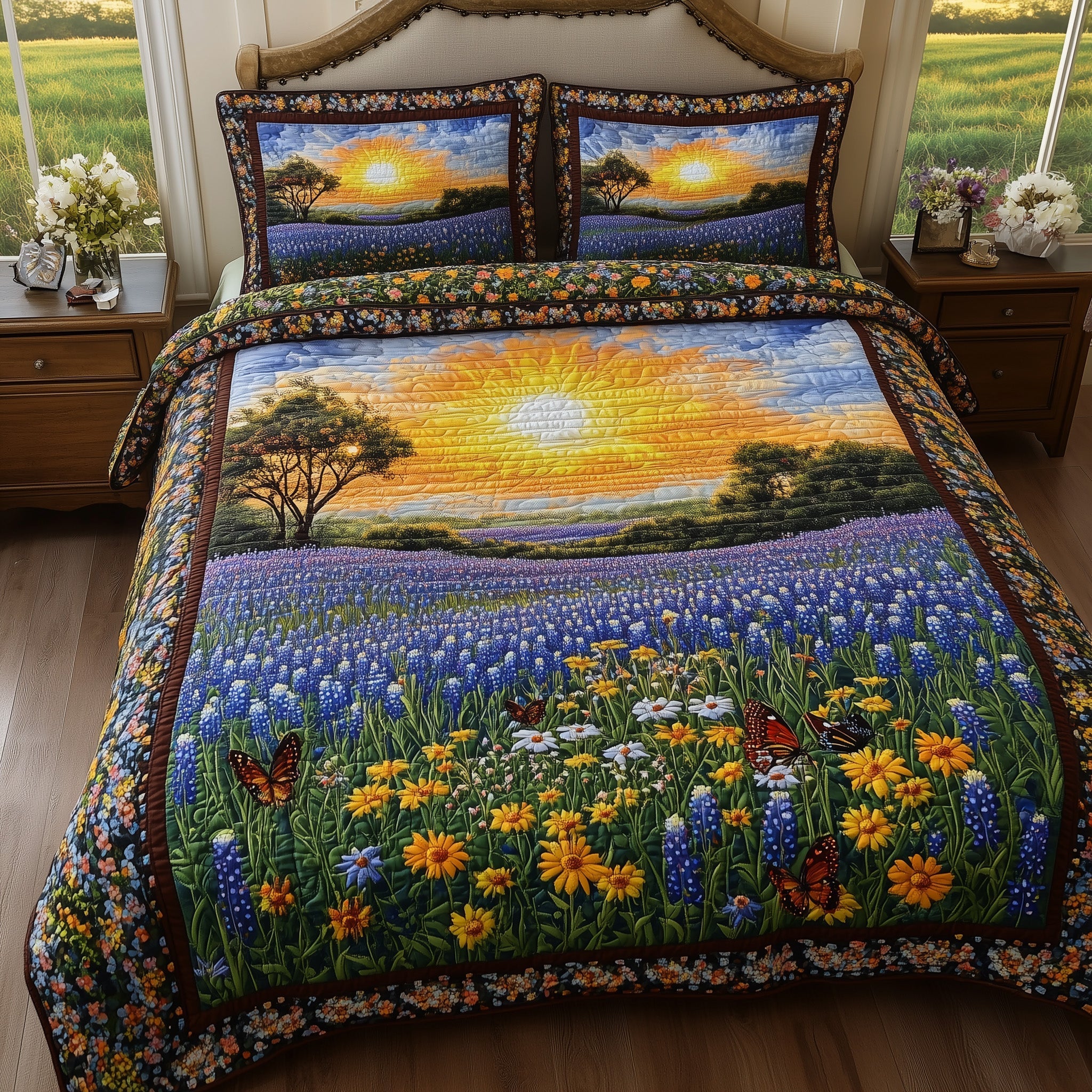 Serene Bluebonnet Quilted Bedding Set Duvet Cover Bedspread Texas Gifts For Out Of Towners
