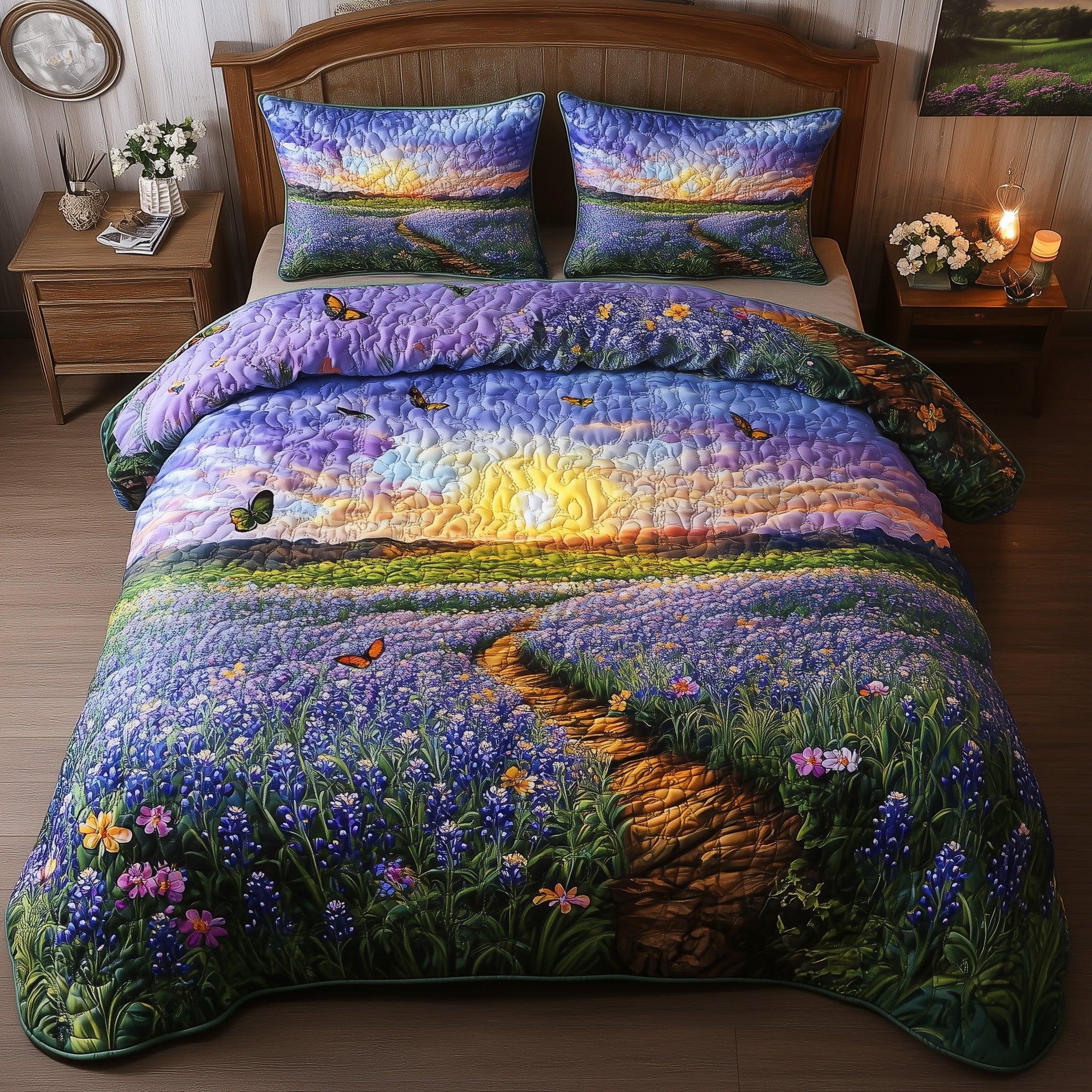 Serene Bluebonnet Quilted Bedding Set Duvet Cover Bedspread Texas Gifts To Send