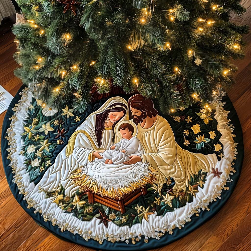 Serene Devotion Christmas Quilted Tree Skirt Family Holiday Gathering Decor