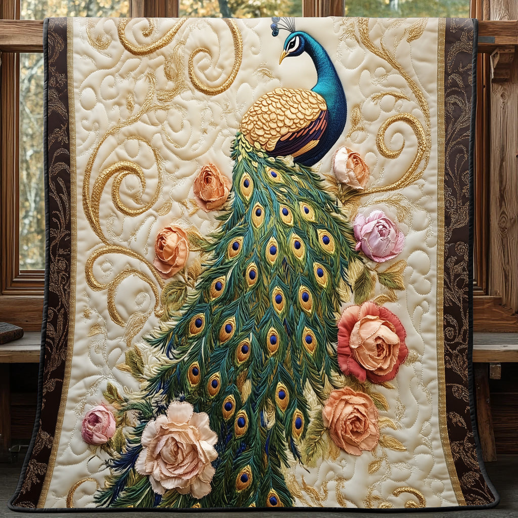 Serene Feathers Quilted Blanket Merchandise Throw BlanketGifts For Peacock Owners