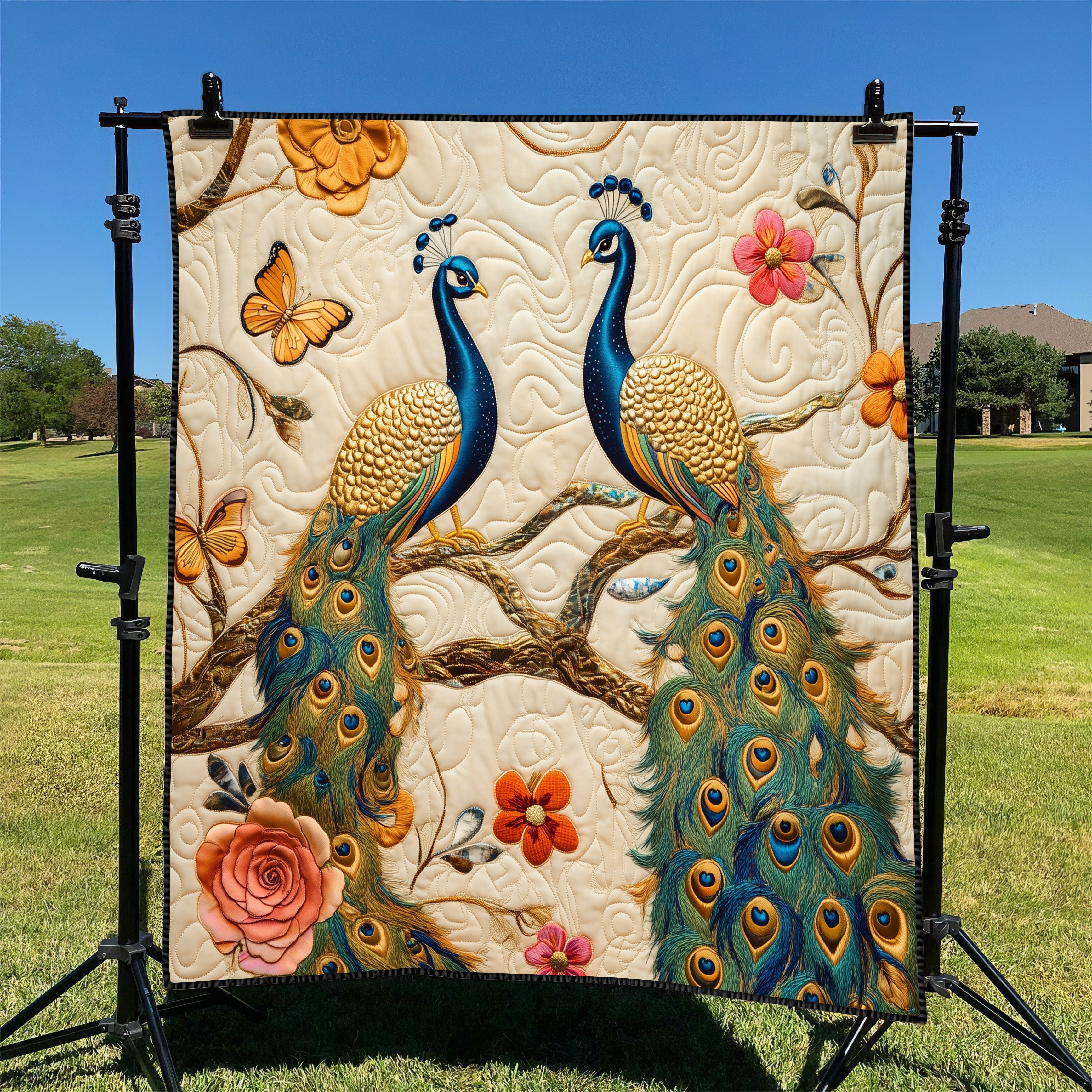 Serene Feathers Quilted Blanket Merchandise Throw BlanketPeacock Merchandise Gifts