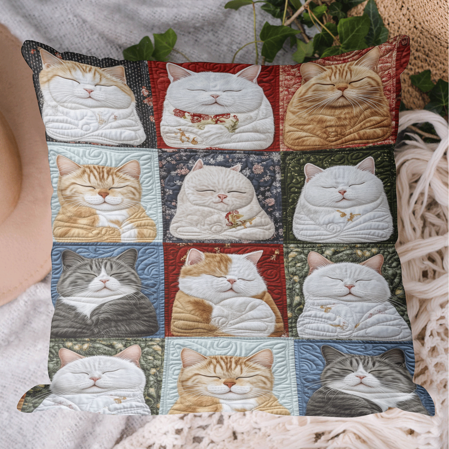 Serene Feline Quilted Pillow Case Winter Throw Pillow for Home