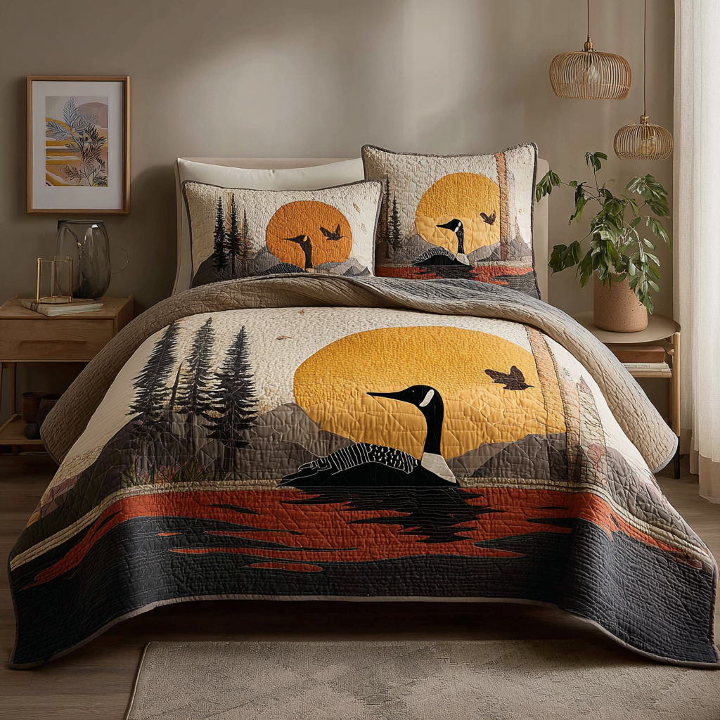 Serene Loon Quilted Bedding Set Bed Room Decoration Unique Gifts For Bird Lovers