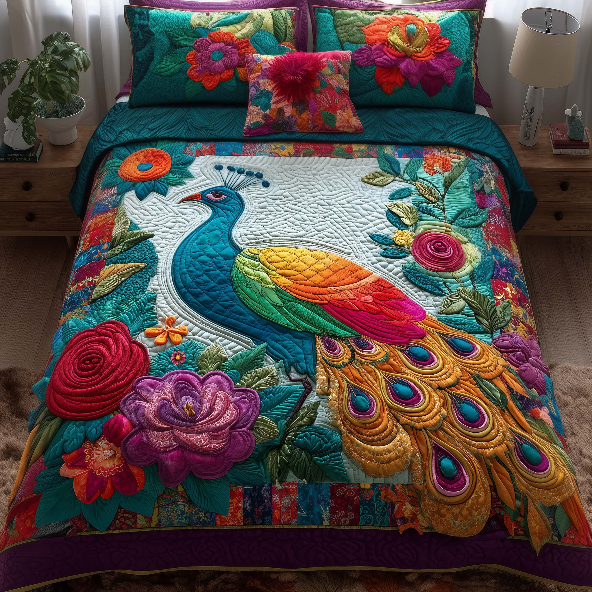 Serene Peacock Quilted Bedding Set Boho Bird Bedroom Decor Best Gift For Bird Lovers