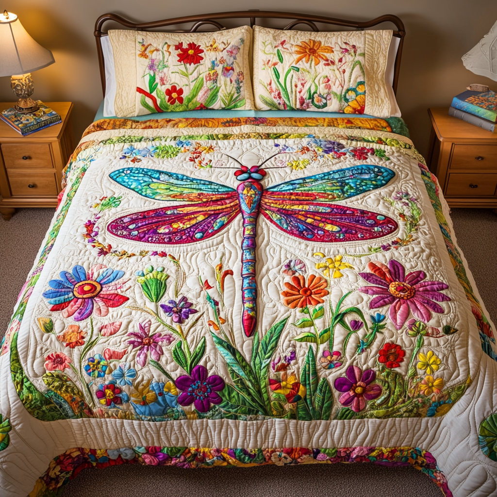 Serene Scene Quilted Bedding Set Bed Decorations Dragonfly Themed Gift Items