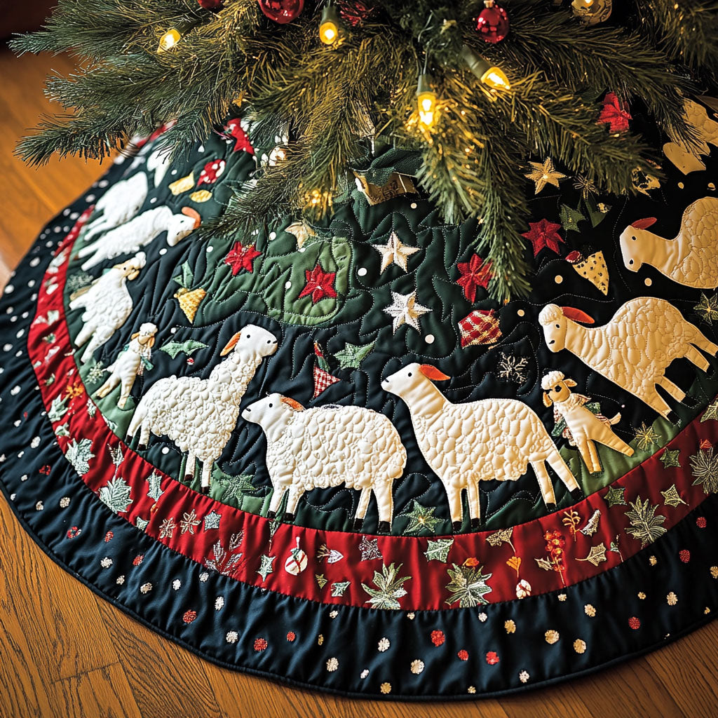 Serene Sheep Quilted Christmas Tree Skirt Seasonal Tree Area Decoration