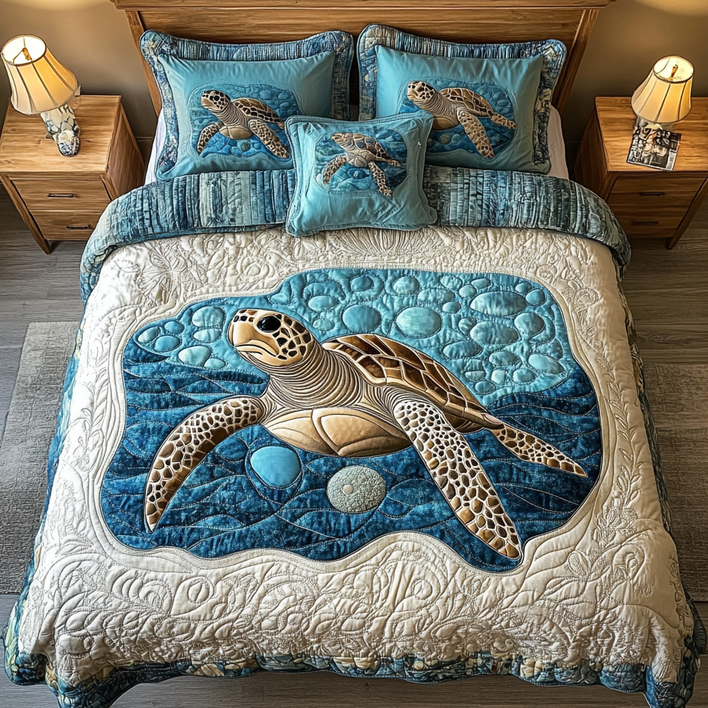 Serene Shell Quilted Bedding Set Cool Bedroom Decor Sea Turtle Christmas Gifts