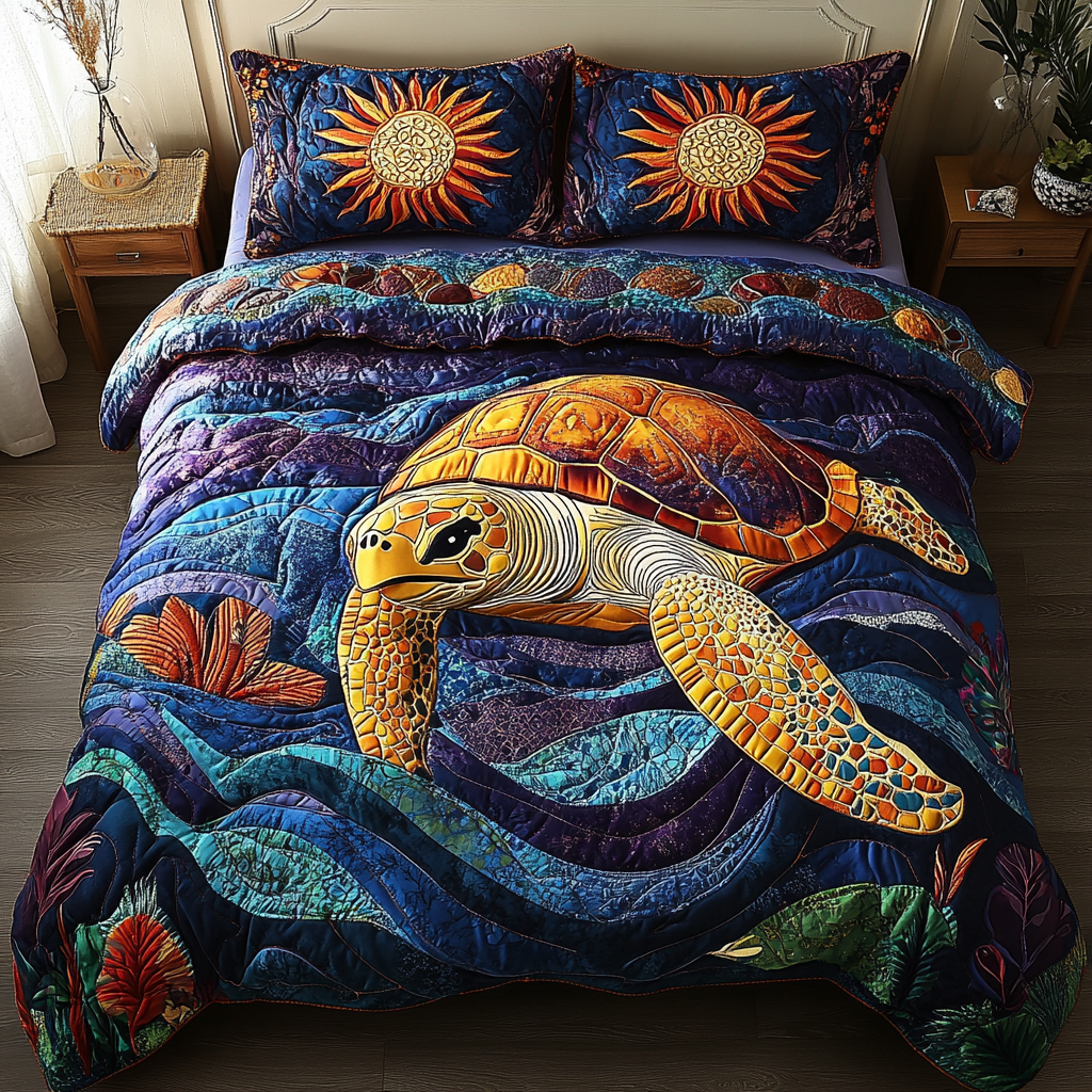 Serene Shells Quilted Bedding Set Unique Bed Sheet Set Gifts For Sea Turtle Lovers