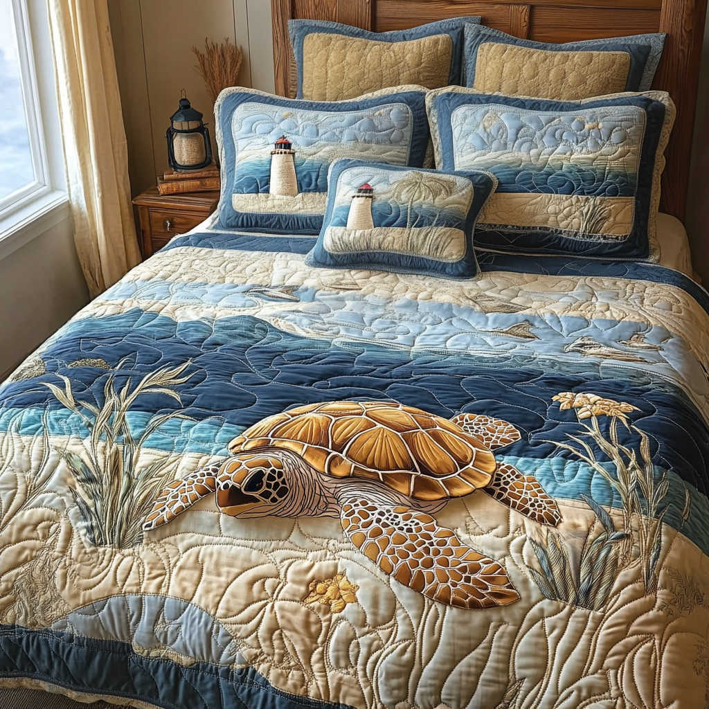 Serene Shores Quilted Bedding Set Bedroom Decorations Unique Sea Turtle Gifts