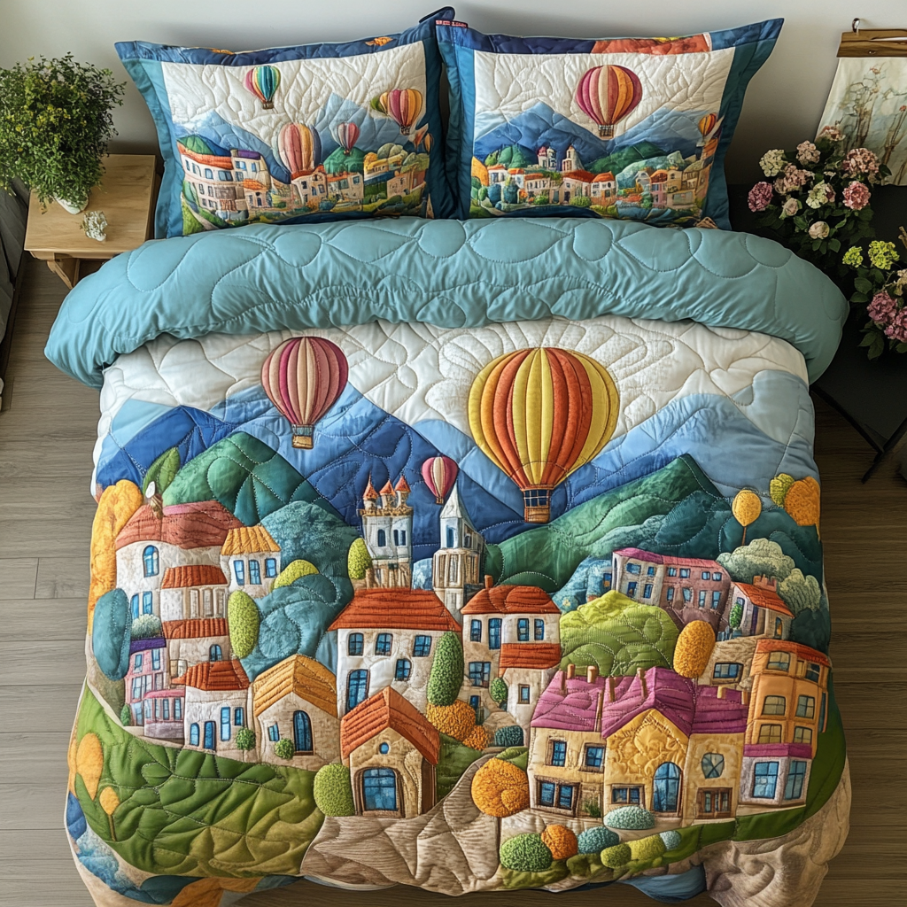 Serene Skies Quilted Bedding Set Best Bedspread Set Sky Air Balloon Theme Items