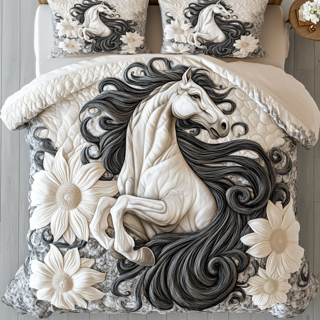 Serene Stallion Quilted Bedding Set Cute Room Decor Gifts For Horse Back Riders