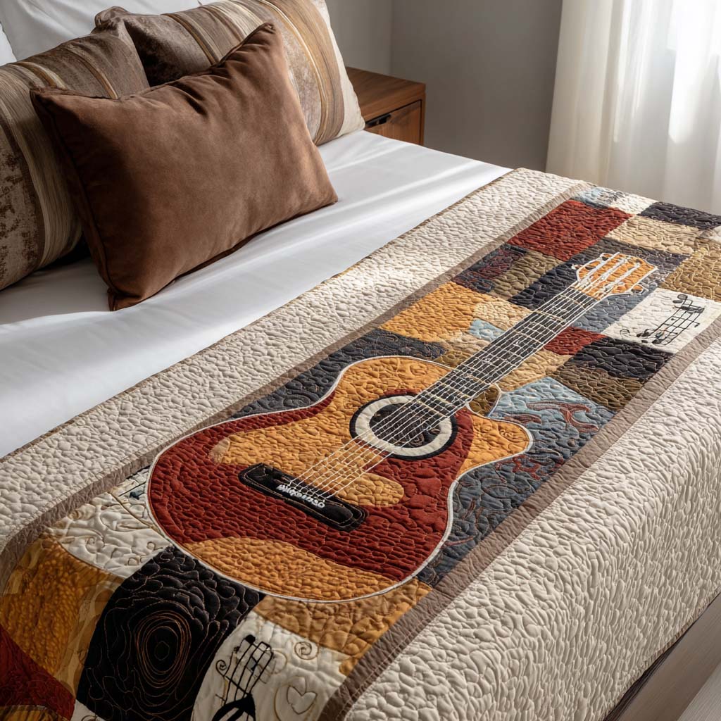 Serene Strings Quilted Bed Runner Cool Bedroom Decor Birthday Presents For Guitar Players