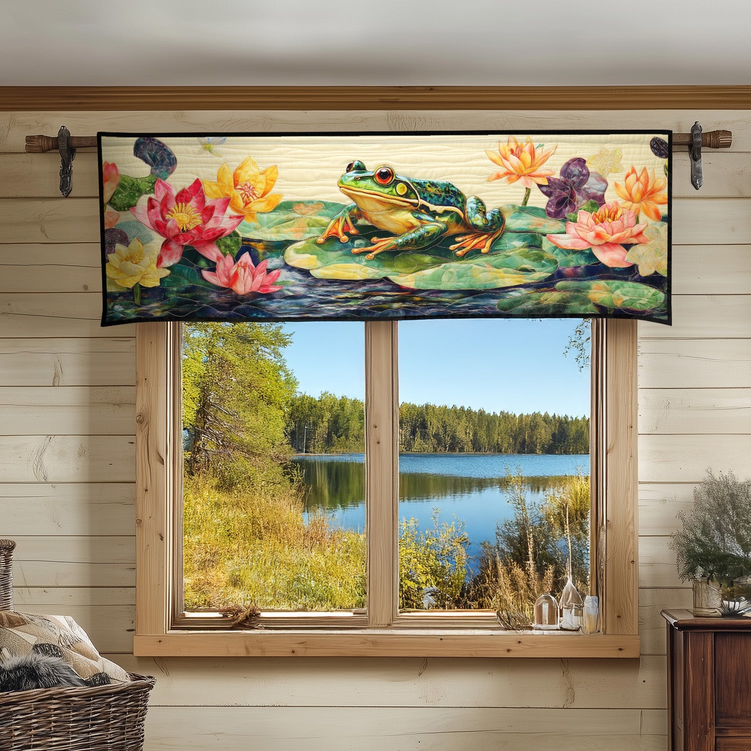 Serene Swamp Scene Quilted Valance Outdoor Decor Frog Themed Gifts For Adults