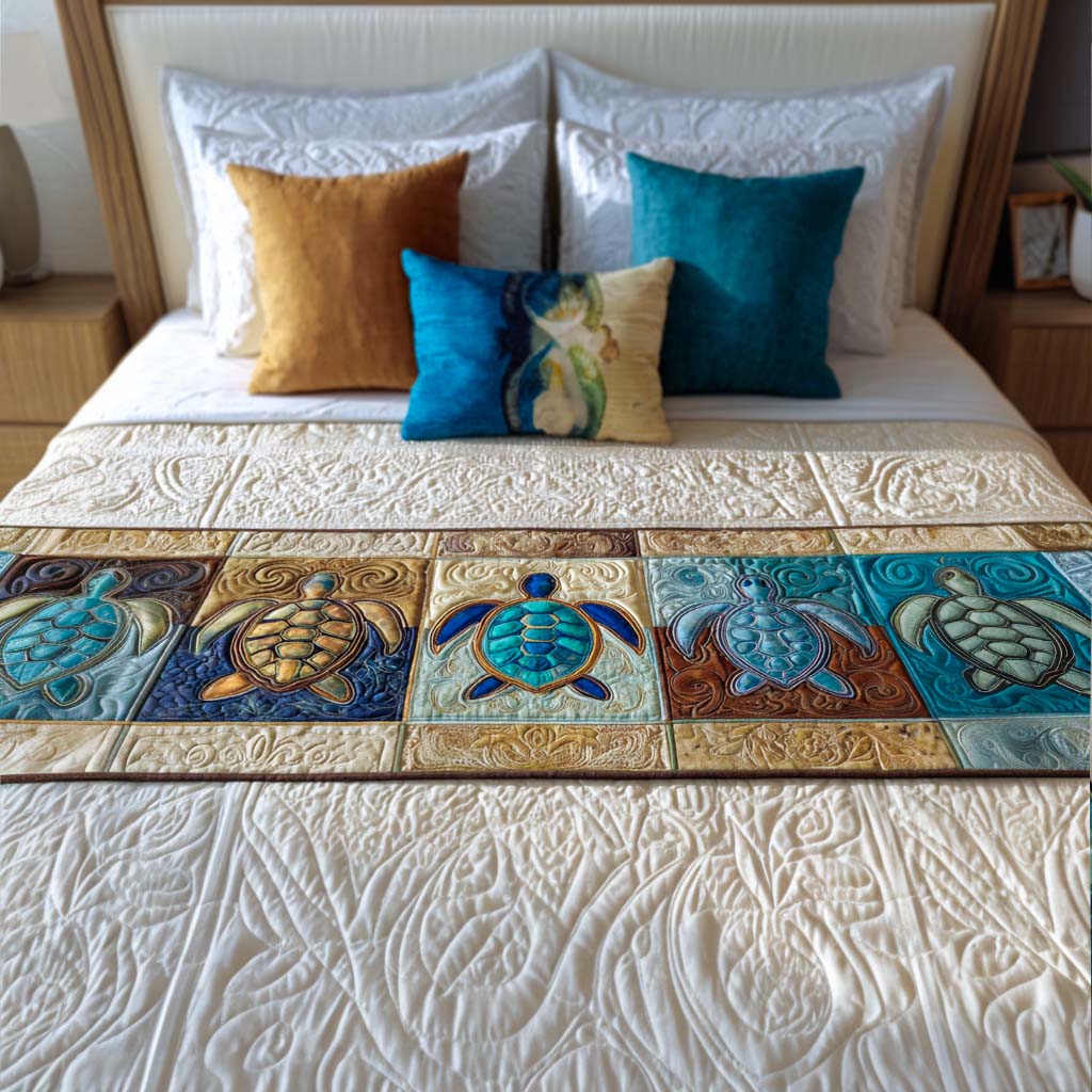 Serene Turtle Nest Quilted Bed Runner Cute Bedroom Decor Sea Turtle Gifts For Mom