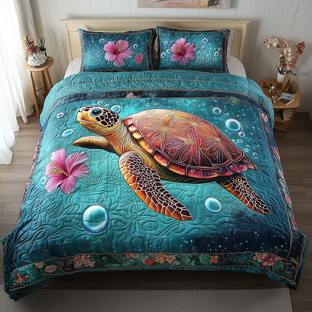 Serene Turtle Quilted Bedding Set Bed Decorations Sea Turtle Gifts For Him