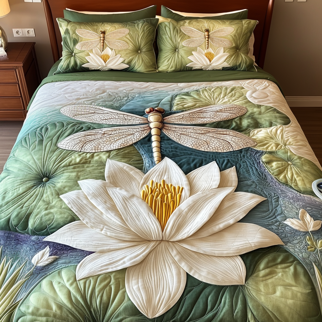 Serenity Dance Quilted Bedding Set Cozy Bedroom Decor Dragonfly Themed Gift Items