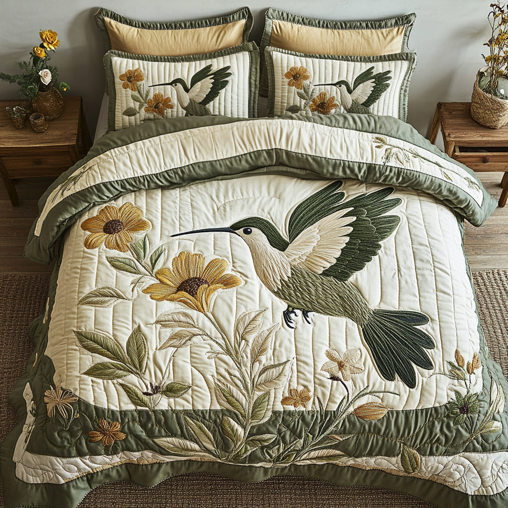 Serenity Stitch Quilted Bedding Set Bed Room Decoration Birthday Gifts For Hummingbird Lovers