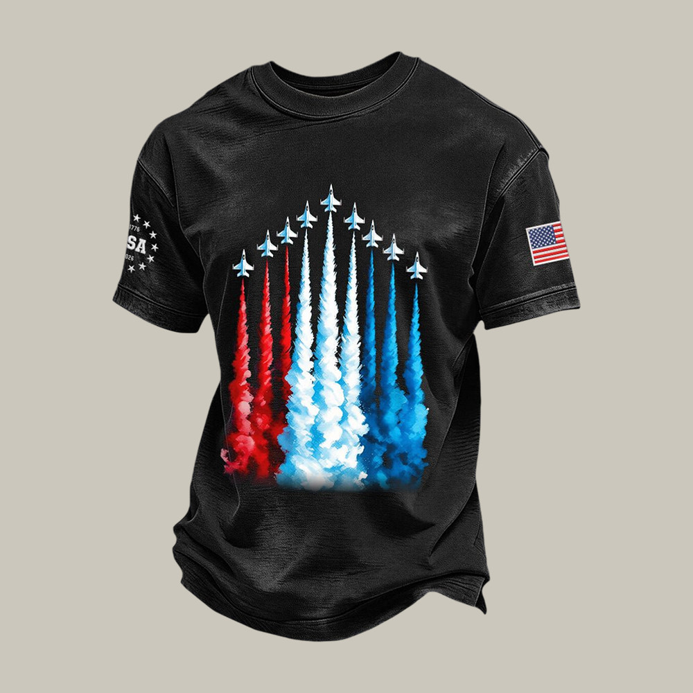 Seven Fighter Jets Flying Red White And Blue Sky T-Shirt US 250Th Anniversary Shirt