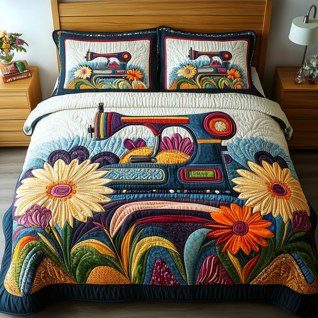 Sewing Machine Art Quilted Bedding Set Best Comforter Sets Gifts For Sewing Lovers