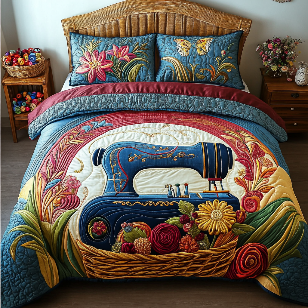 Sewing Machine Creations Quilted Bedding Set Duvet Cover Bed Sheet Set Sewing Gifts For Friends
