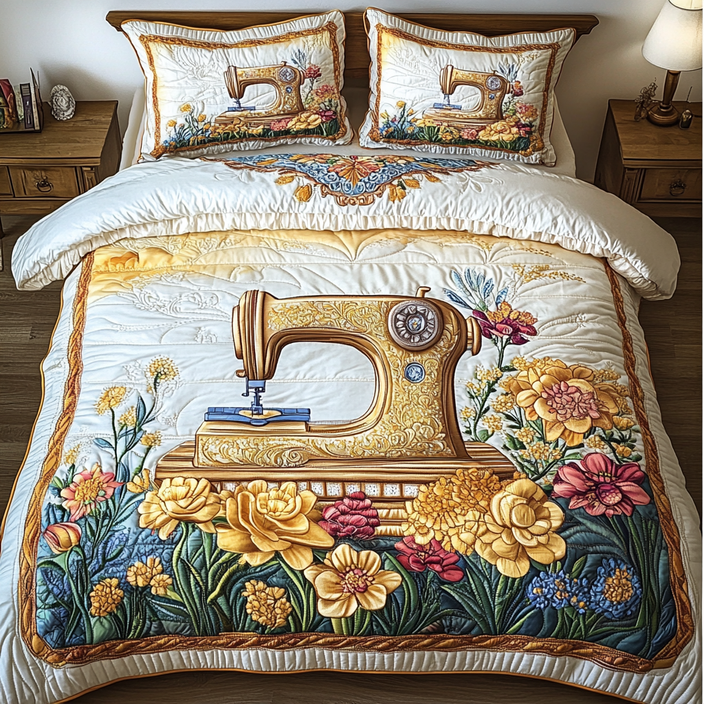 Sewing Machine Elegance Quilted Bedding Set Cute Room Decor Sewing Presents