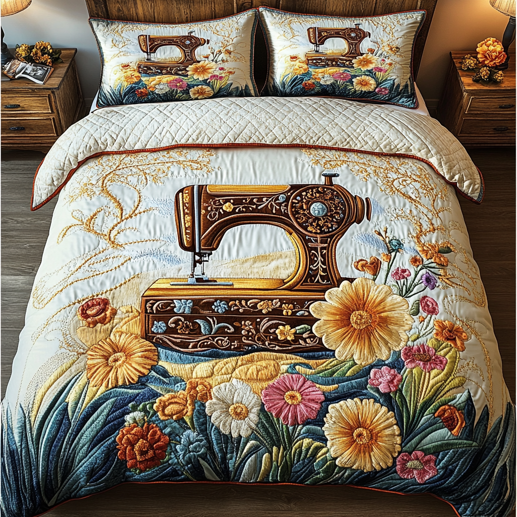 Sewing Machine Style Quilted Bedding Set Aesthetic Room Decor Sewing Gifts For Mom