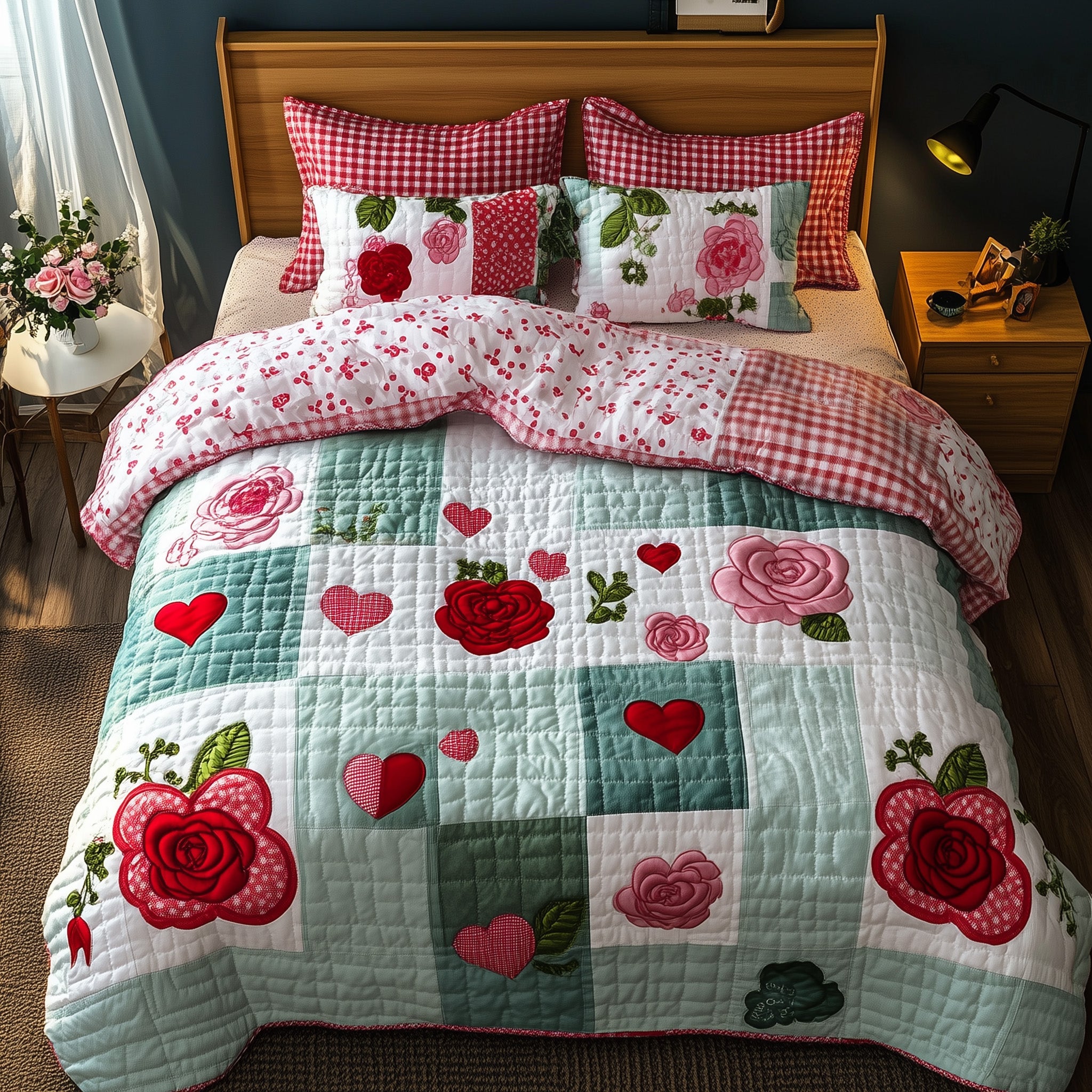 Shabby Chic Blooming Roses Quilted Bedding Set Duvet Cover Bed Sheet Funny Secret Santa Ideas
