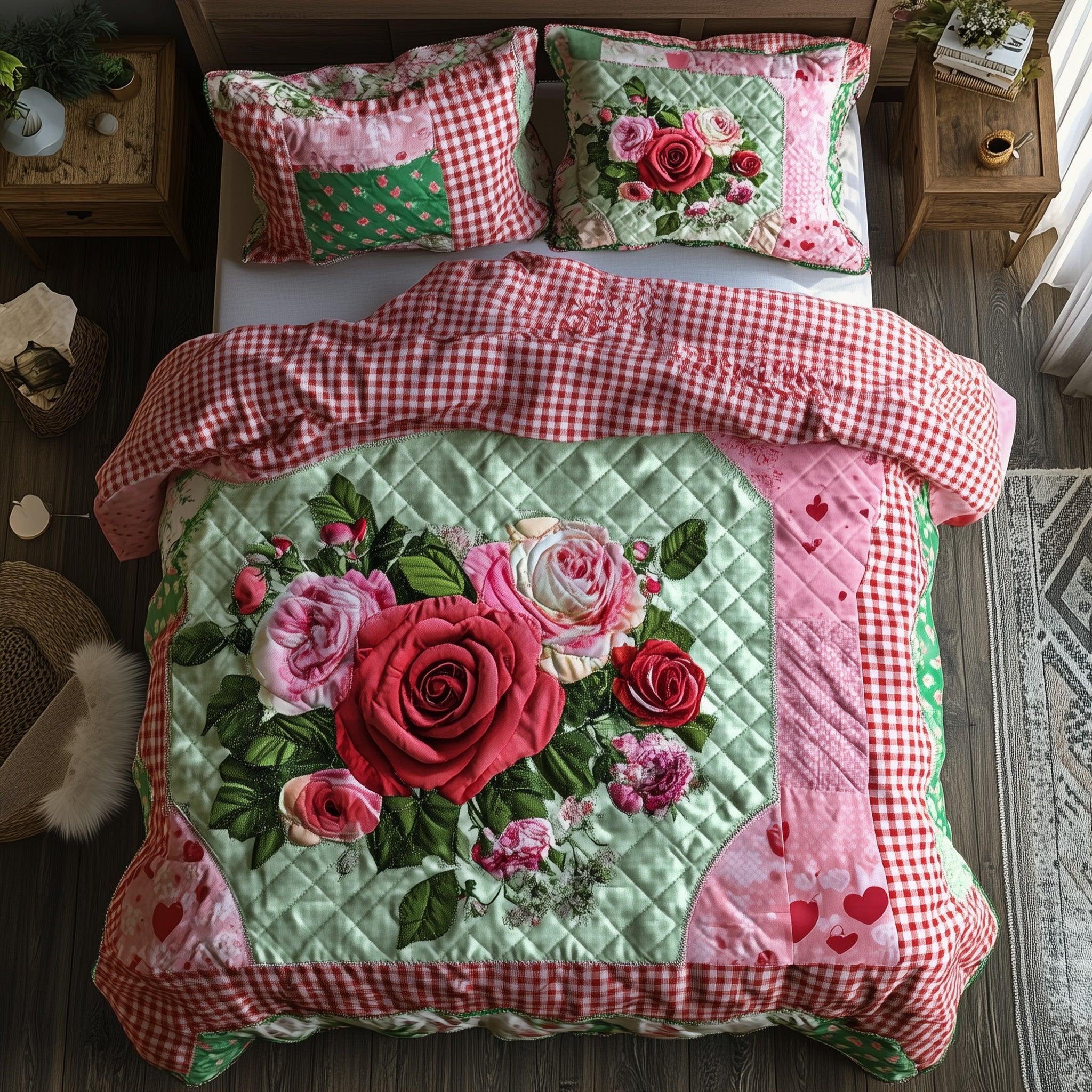 Shabby Chic Blooming Roses Quilted Bedding Set Duvet Cover Bed Sheet Gift Ideas For Secret Sister