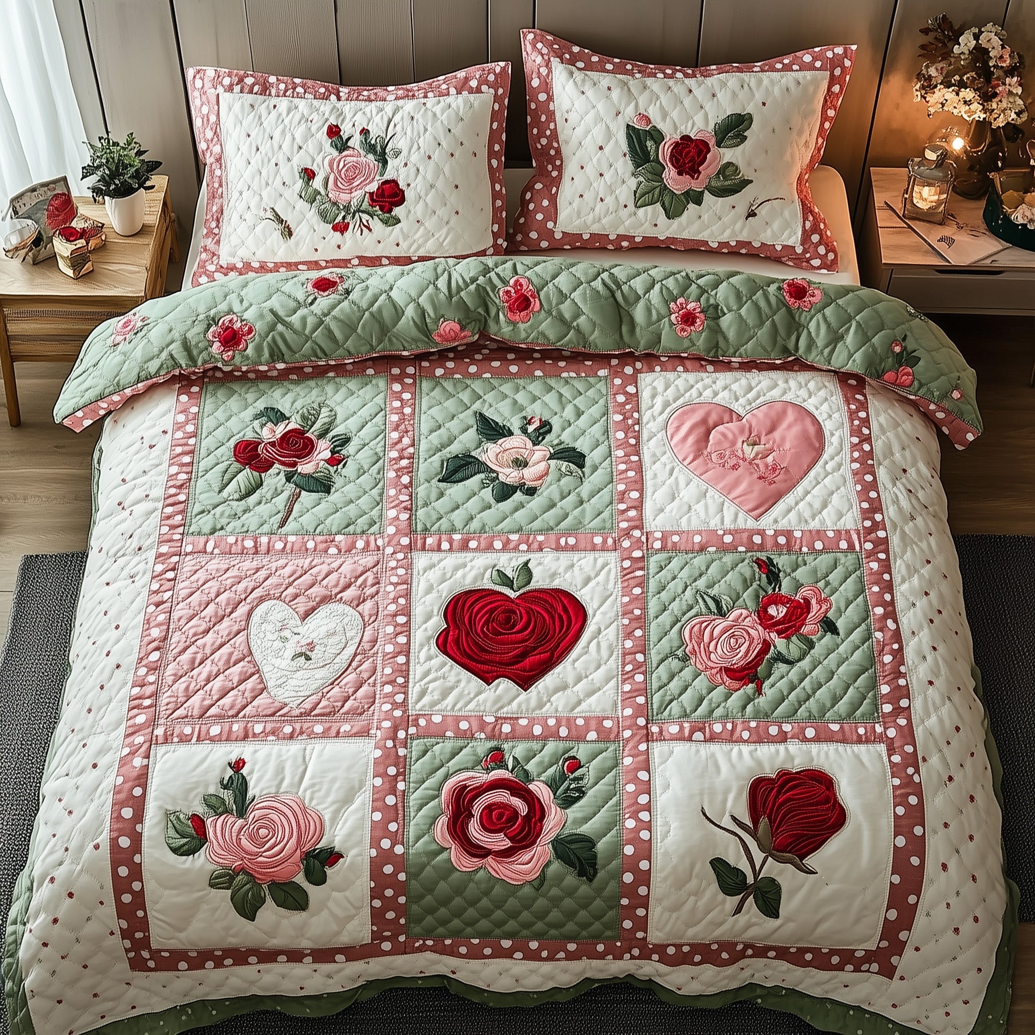 Shabby Chic Blooming Roses Quilted Bedding Set Duvet Cover Bed Sheet Gifts For Colleagues Secret Santa
