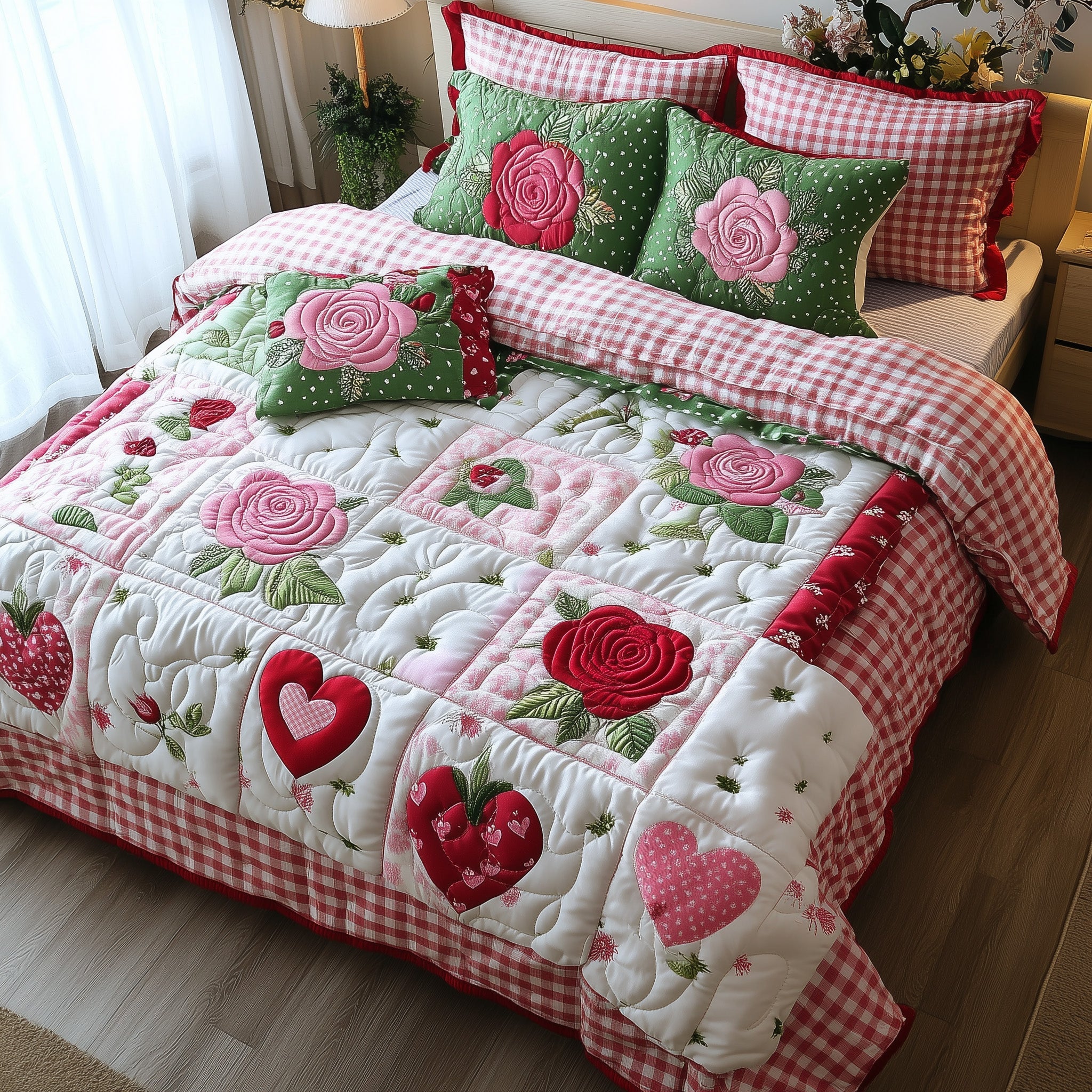 Shabby Chic Blooming Roses Quilted Bedding Set Duvet Cover Bed Sheet Gifts For Secret Santa For Her