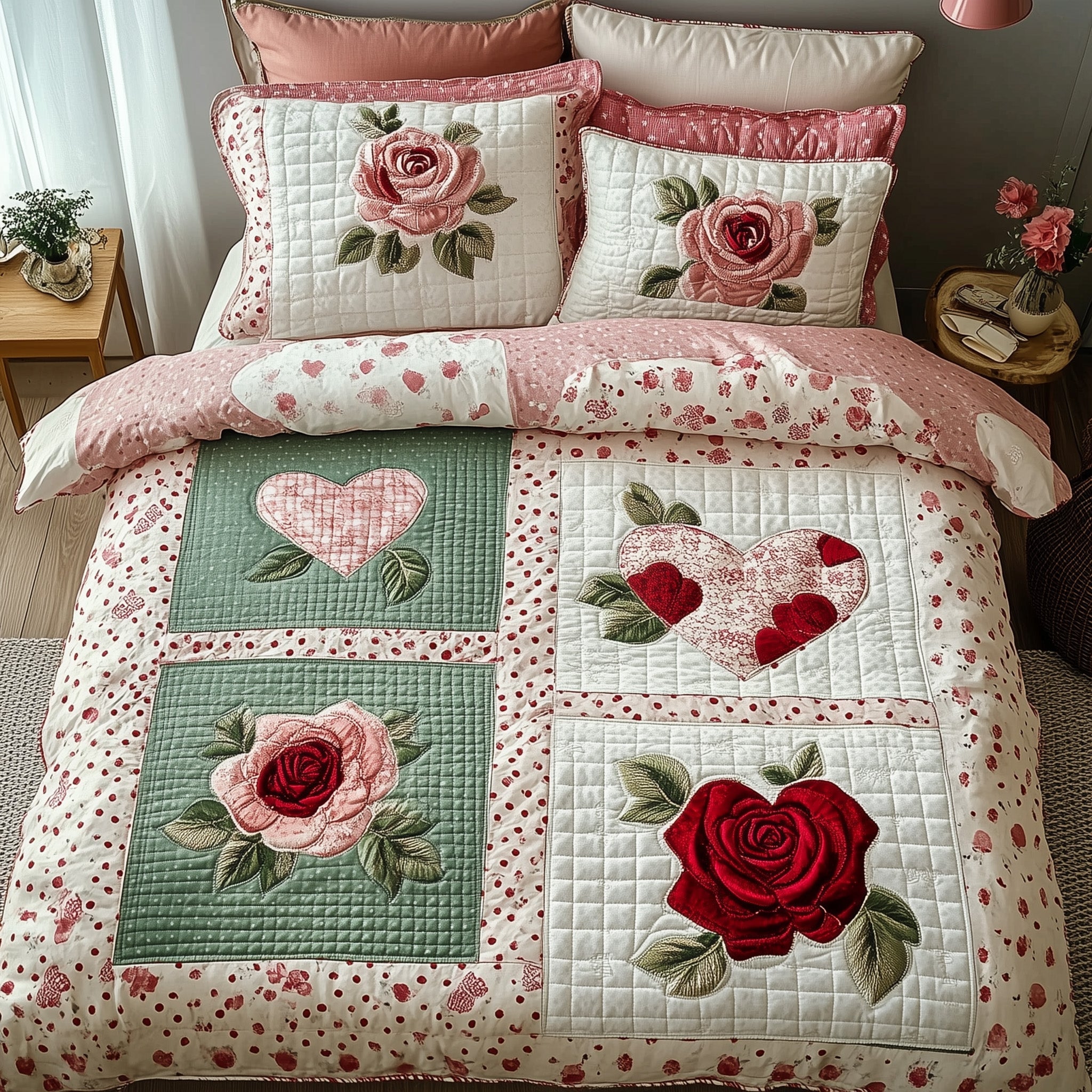 Shabby Chic Blooming Roses Quilted Bedding Set Duvet Cover Bed Sheet Secret Santa Gifts Colleagues