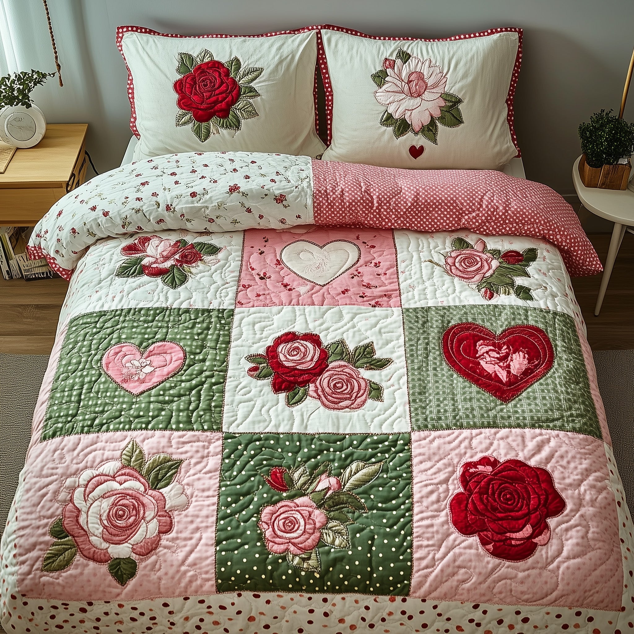 Shabby Chic Blooming Roses Quilted Bedding Set Duvet Cover Bed Sheet Secret Santa Gifts Coworkers