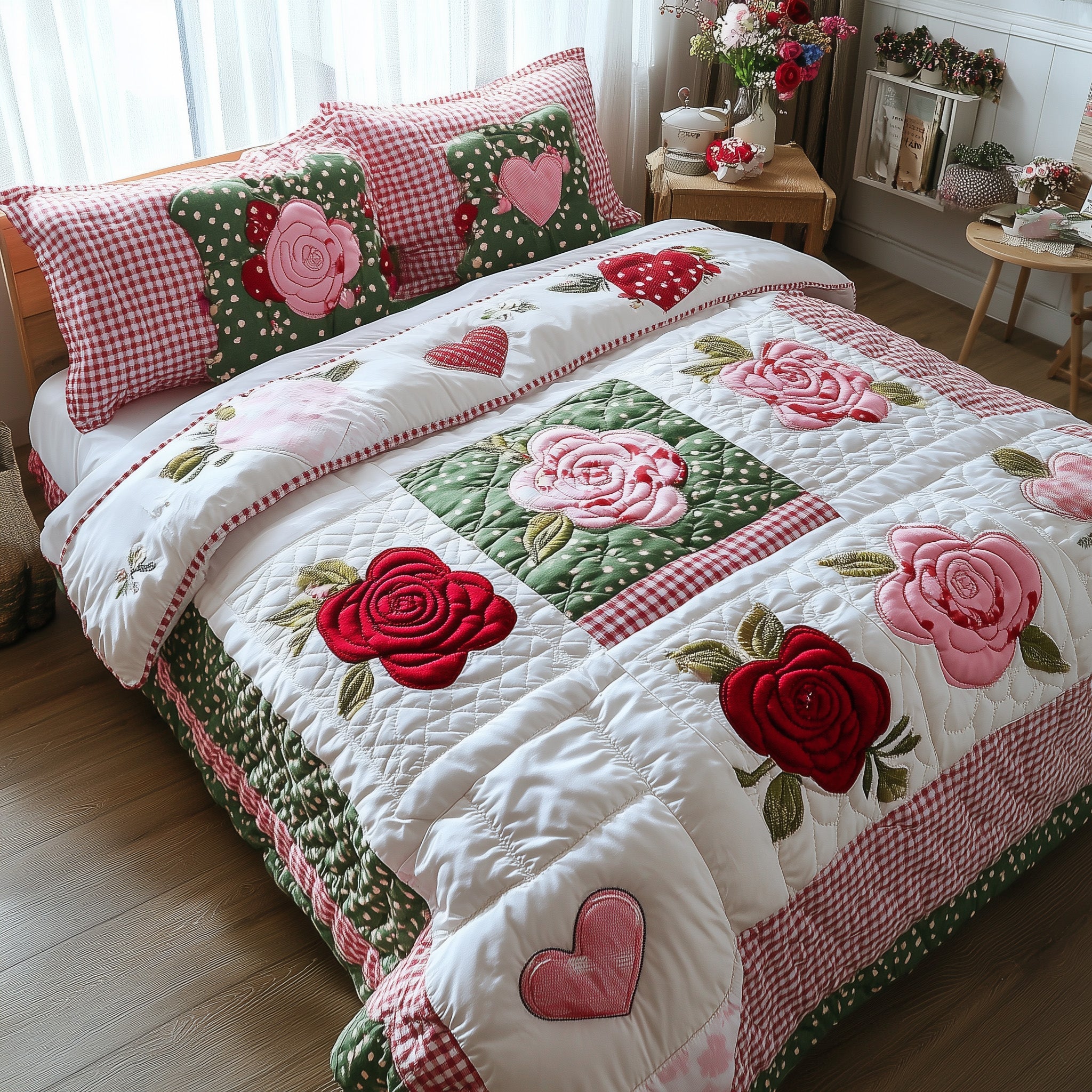 Shabby Chic Blooming Roses Quilted Bedding Set Duvet Cover Bed Sheet Secret Santa Gifts For Colleagues