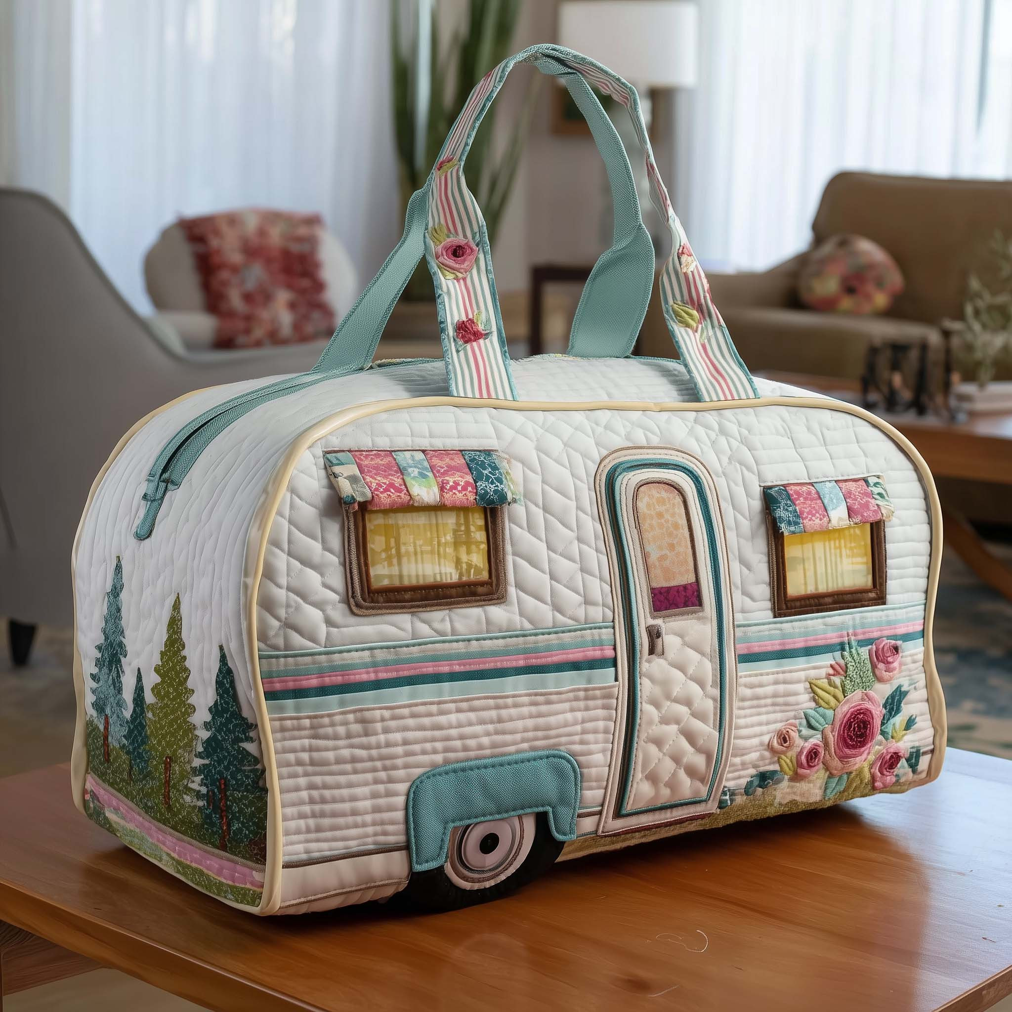 Shabby Chic Camper Quilted Duffle Bag Pink Floral Teal Best Gift For Camper Lovers