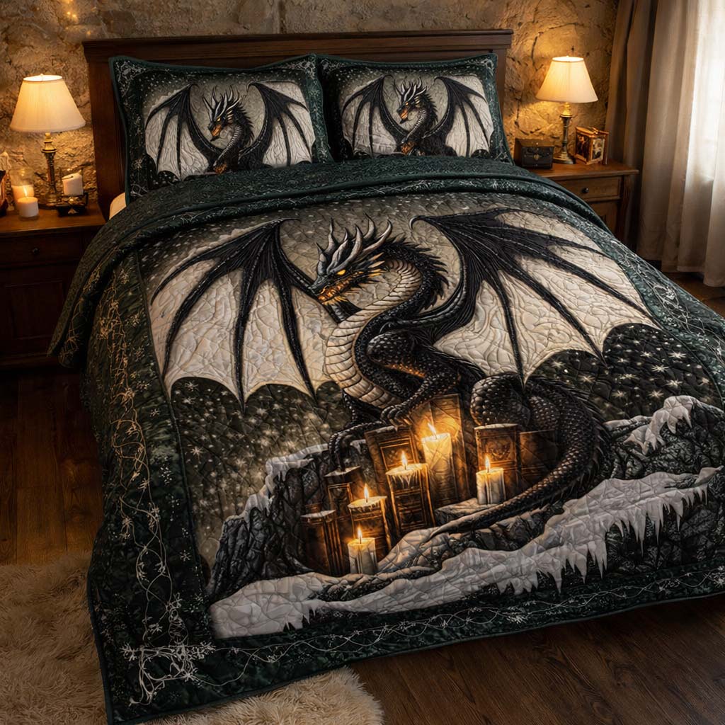 Shadow Candle Dragon Quilted Bedding Set Fantasy Bedroom Decor Best Gift For Dragon Lovers