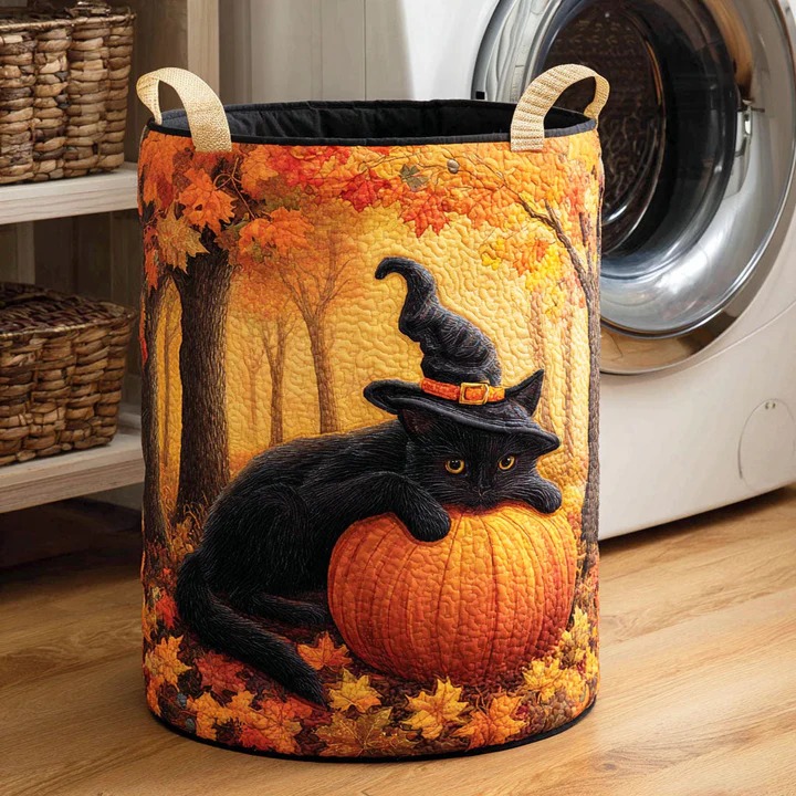 Shadow Cat Halloween Quilted Laundry Basket Black Cat Pumpkin Boho Home Decor Gift For Cat Lovers