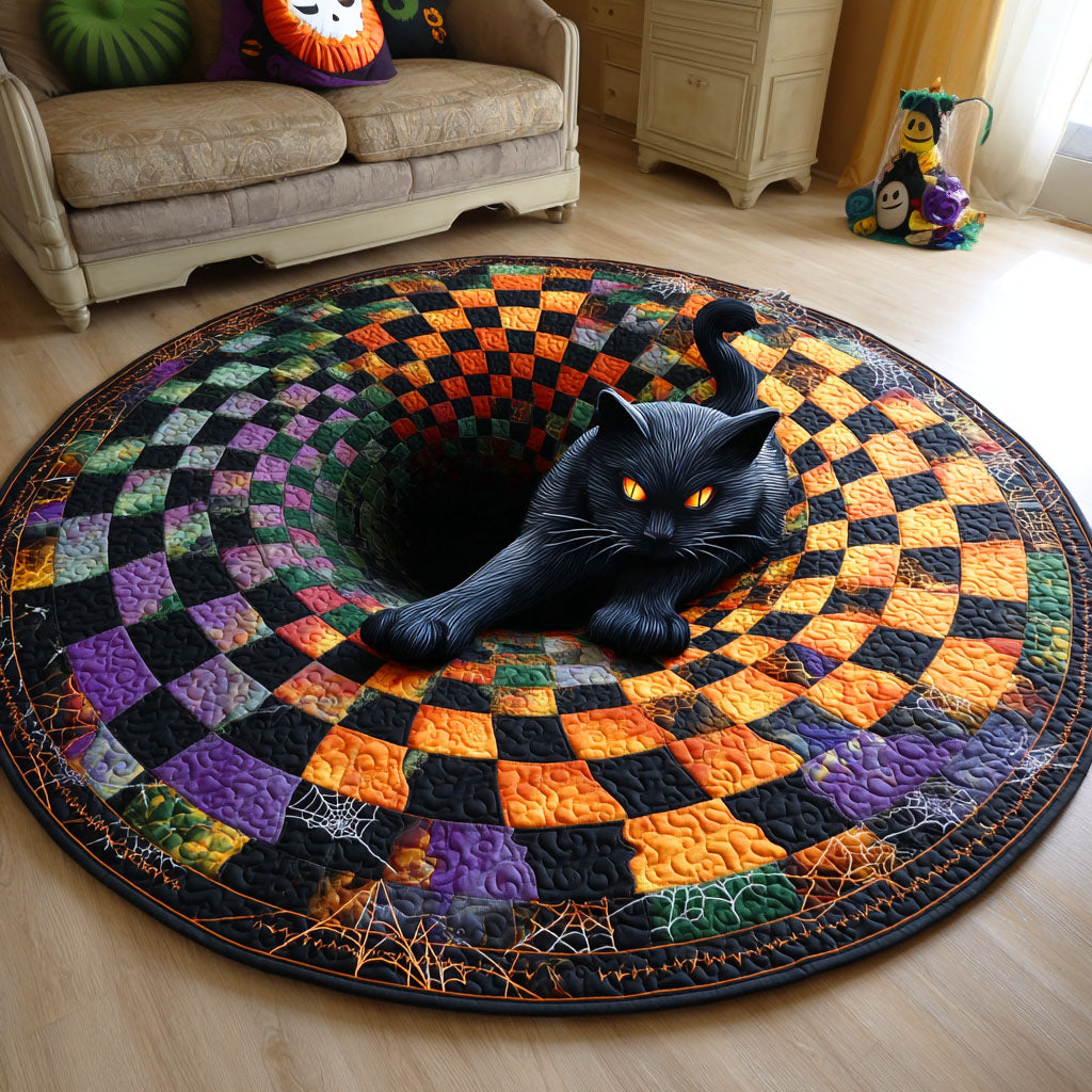 Shadow Cat Quilted Round Mat Halloween Round Mat Spooky Halloween Gift for Cat Lovers