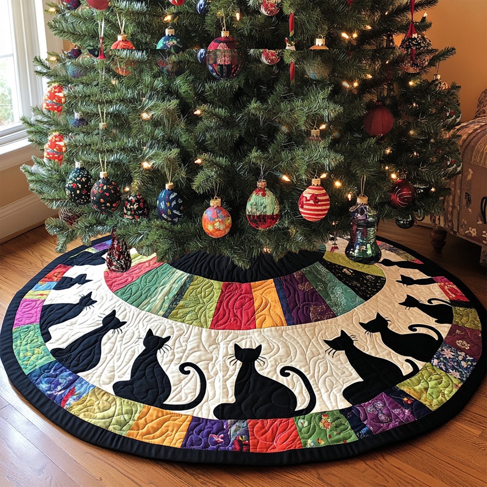 Shadow Purrfection Quilted Christmas Tree Skirt Warm and Soft Christmas Tree Skirt for Winter