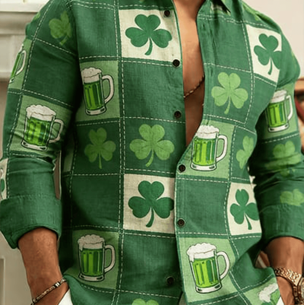 Shamrock And Beers Graphic Button Up Long Sleeve Shirt Irish Day St Patrick's Outfits Gifts